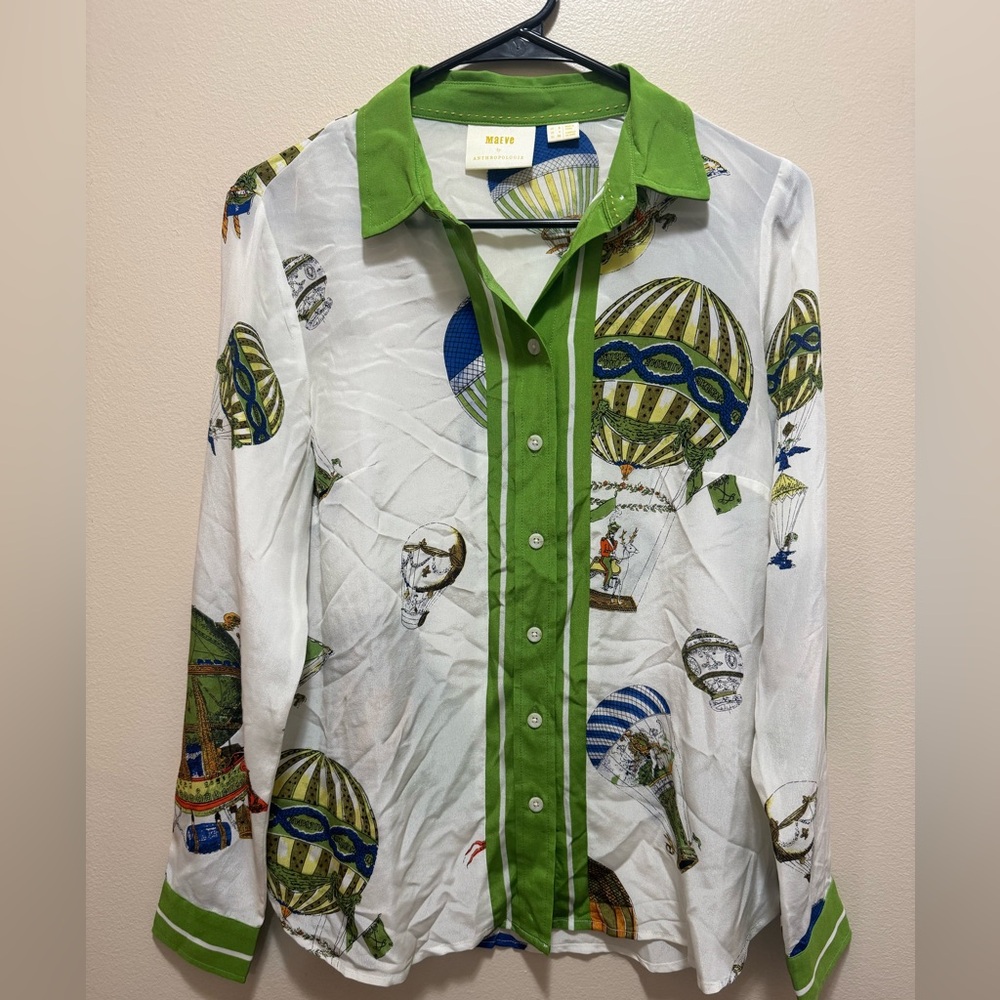 NWOT Maeve Anthropologie Green and White Hot Air Balloon Silk Top - Picture 3 of 11